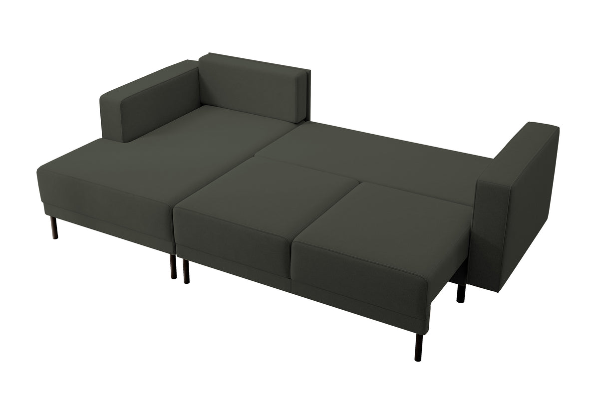 Canapé d'angle avec fonction couchage Rodario mini en velours olive facile à nettoyer, rangement, version gauche