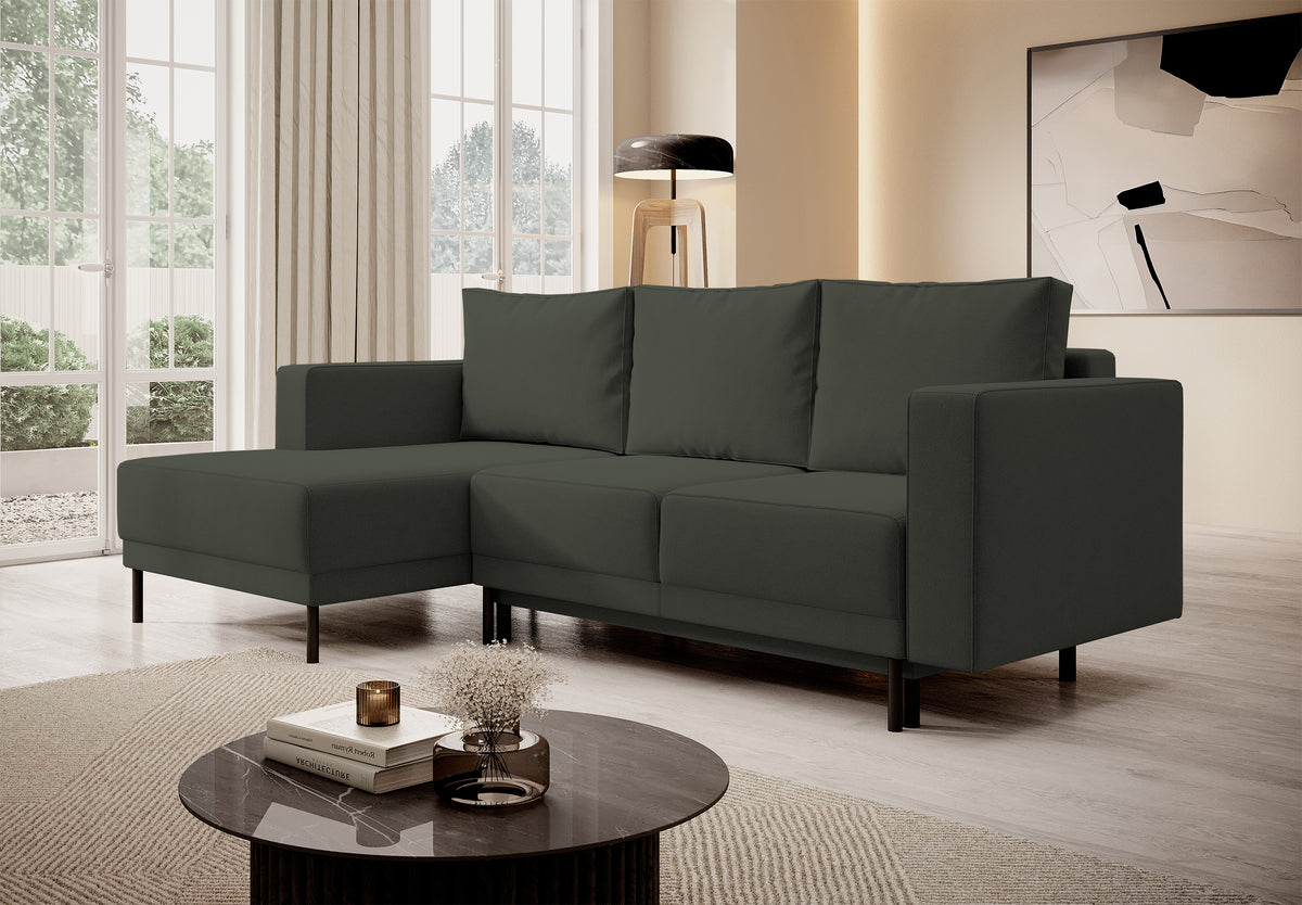 Canapé d'angle avec fonction couchage Rodario mini en velours olive facile à nettoyer, rangement, version gauche