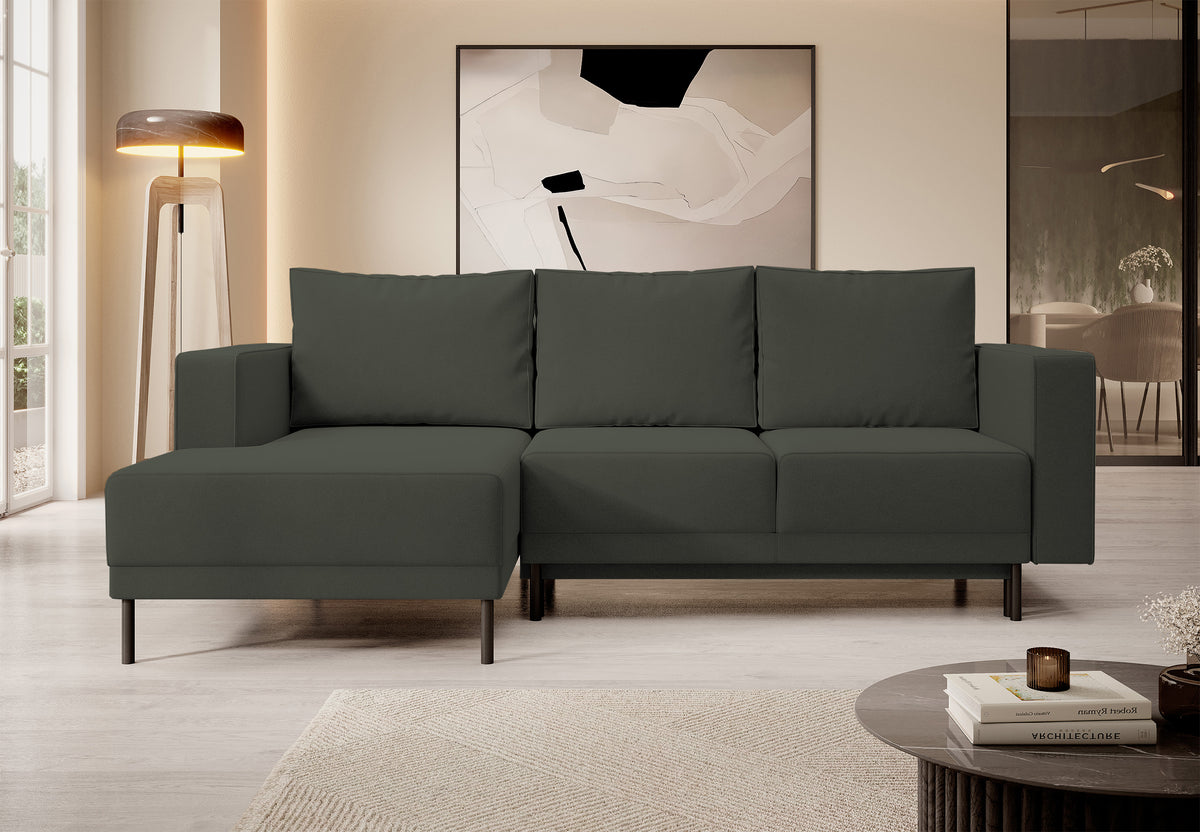 Canapé d'angle avec fonction couchage Rodario mini en velours olive facile à nettoyer, rangement, version gauche