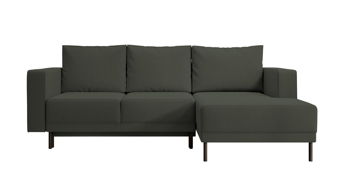 Canapé d'angle avec fonction couchage Rodario mini en L, avec rangement, velours olive facile à nettoyer, version droite