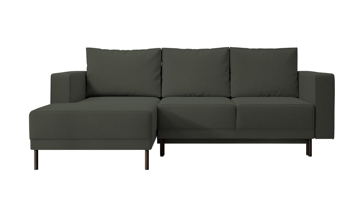 Canapé d'angle avec fonction couchage Rodario mini en velours olive facile à nettoyer, rangement, version gauche