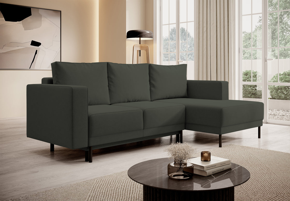 Canapé d'angle avec fonction couchage Rodario mini en L, avec rangement, velours olive facile à nettoyer, version droite