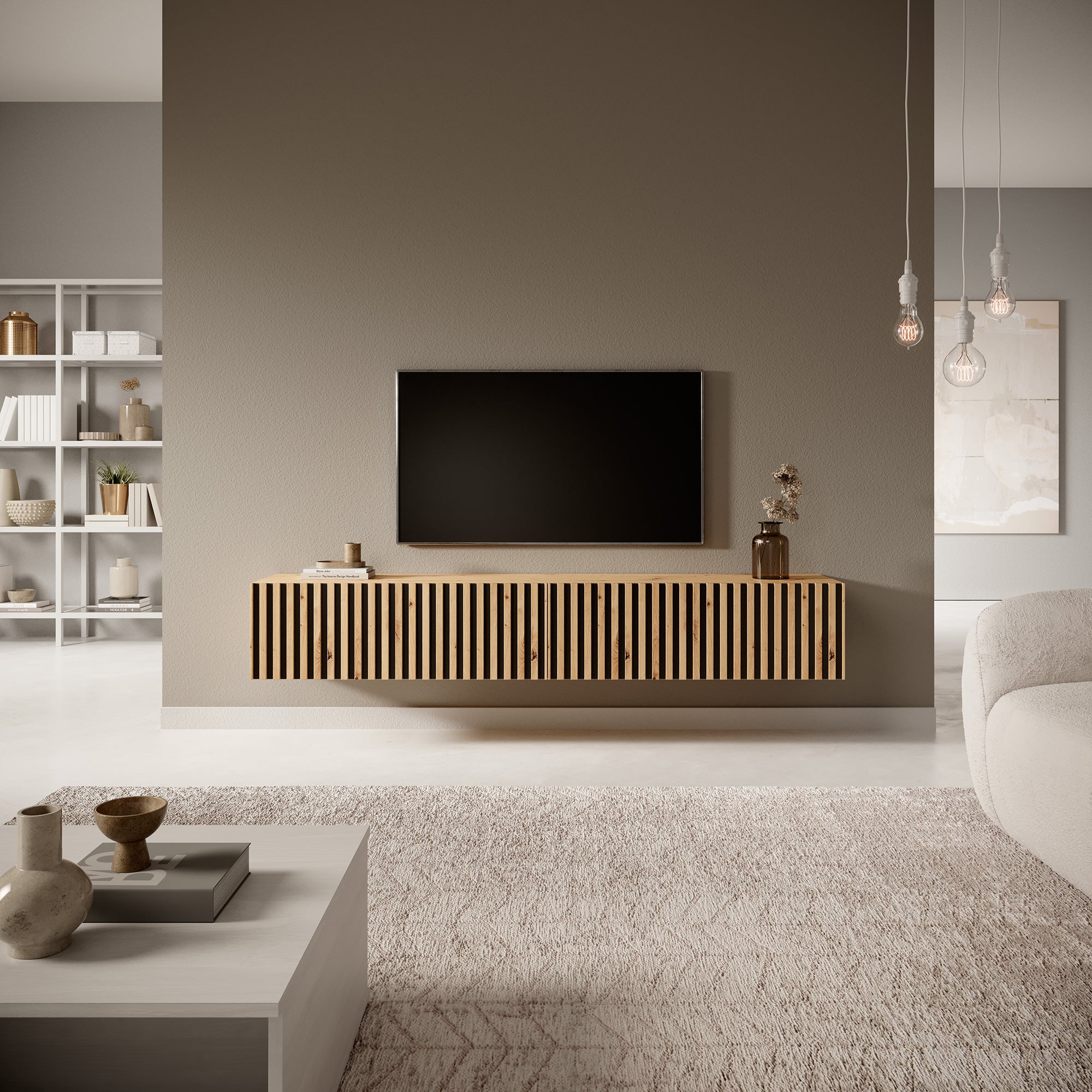 Meuble TV Telire 175 cm chêne Artisan lattes avec inserts noirs
