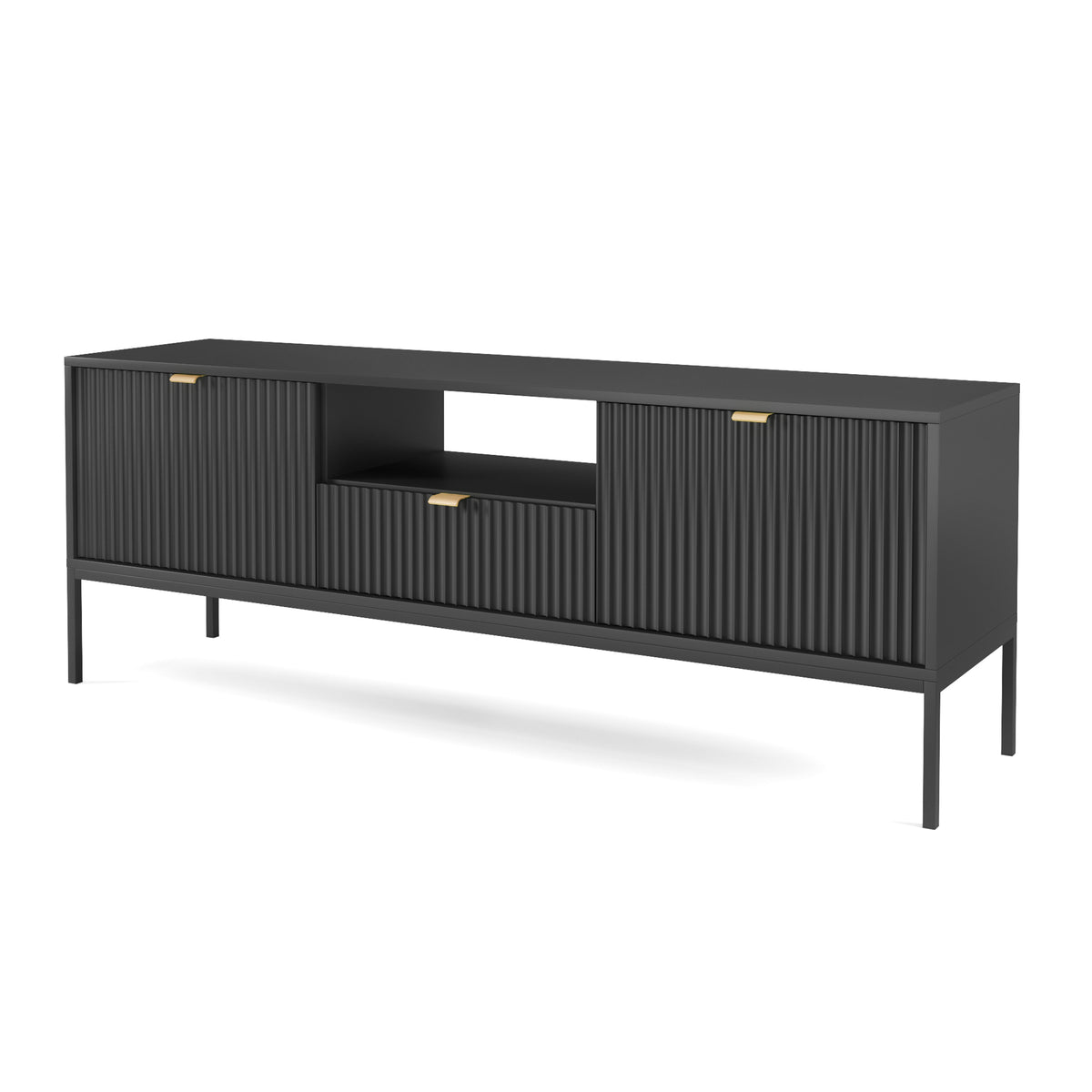Meuble TV Vellore 154 cm noir avec façades rainurées et poignées dorées