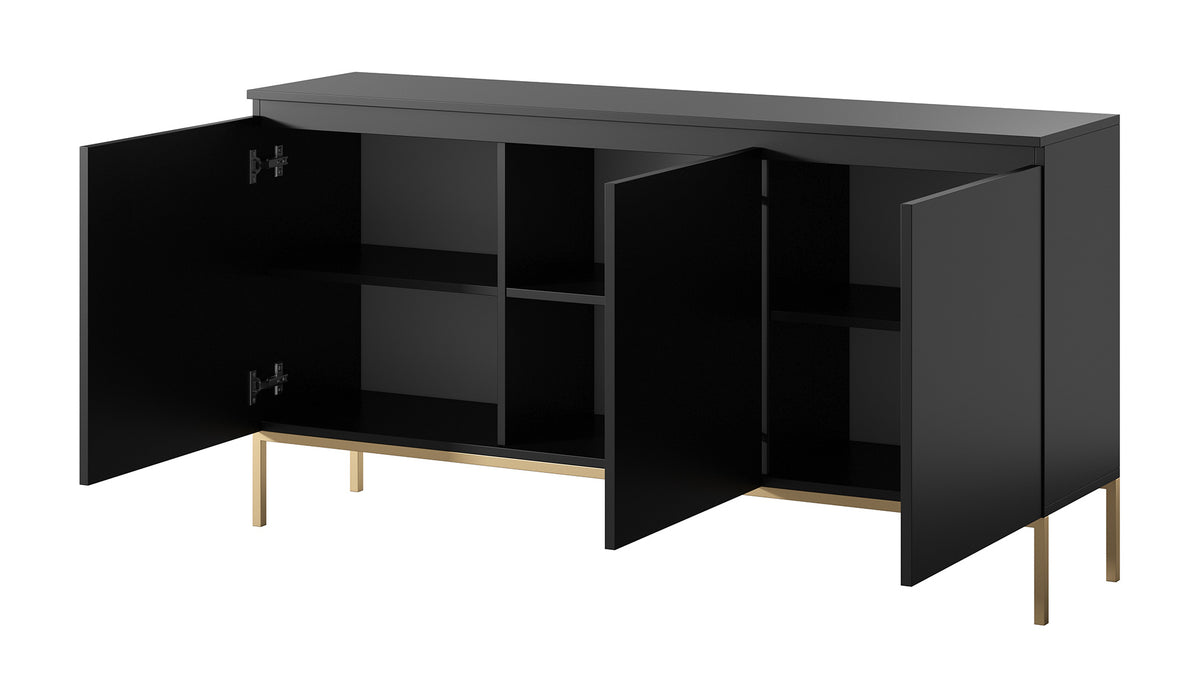 Commode trois portes Bemmi 150 cm noire avec pieds dorés