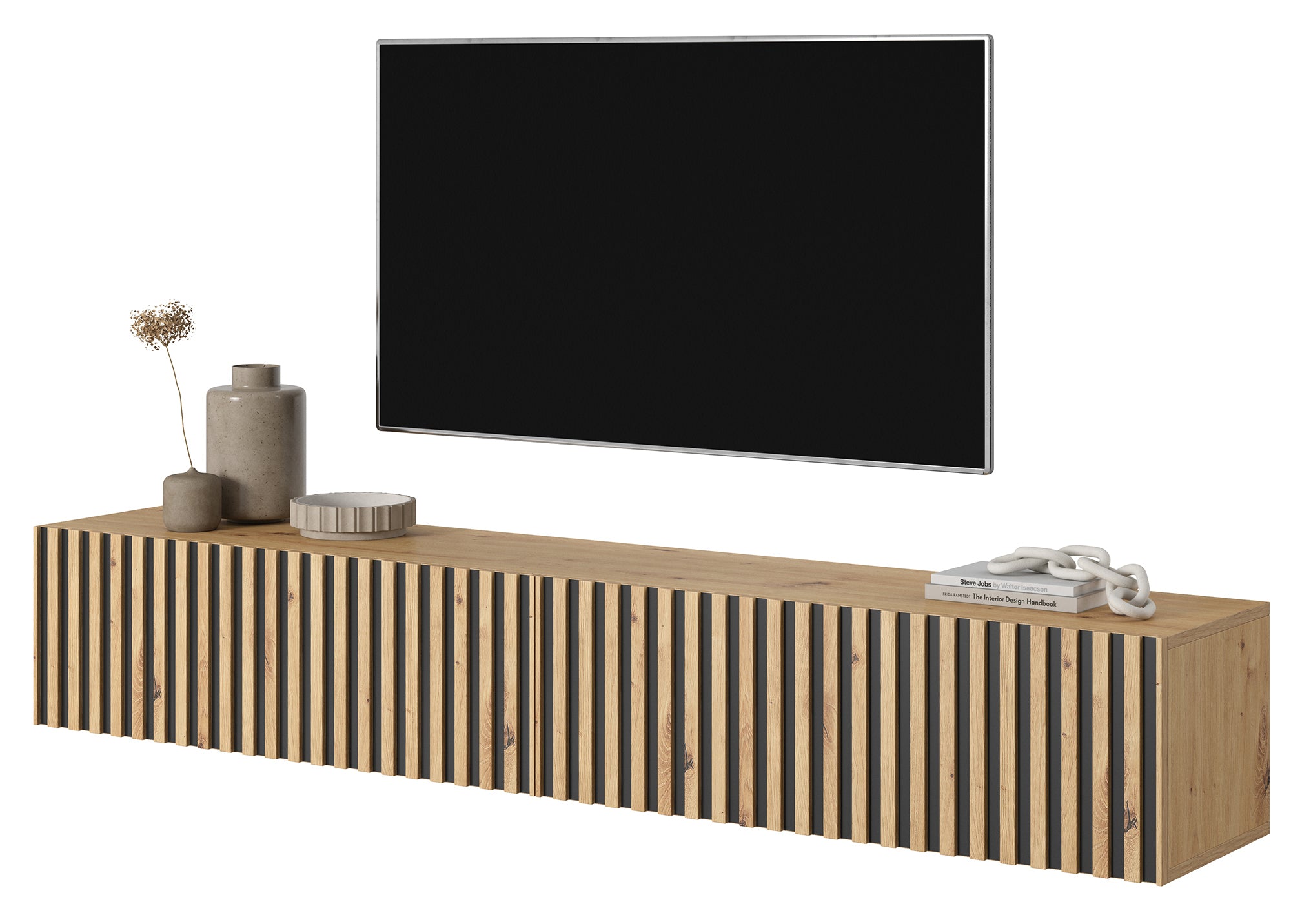 Meuble TV Telire 175 cm chêne Artisan lattes avec inserts noirs
