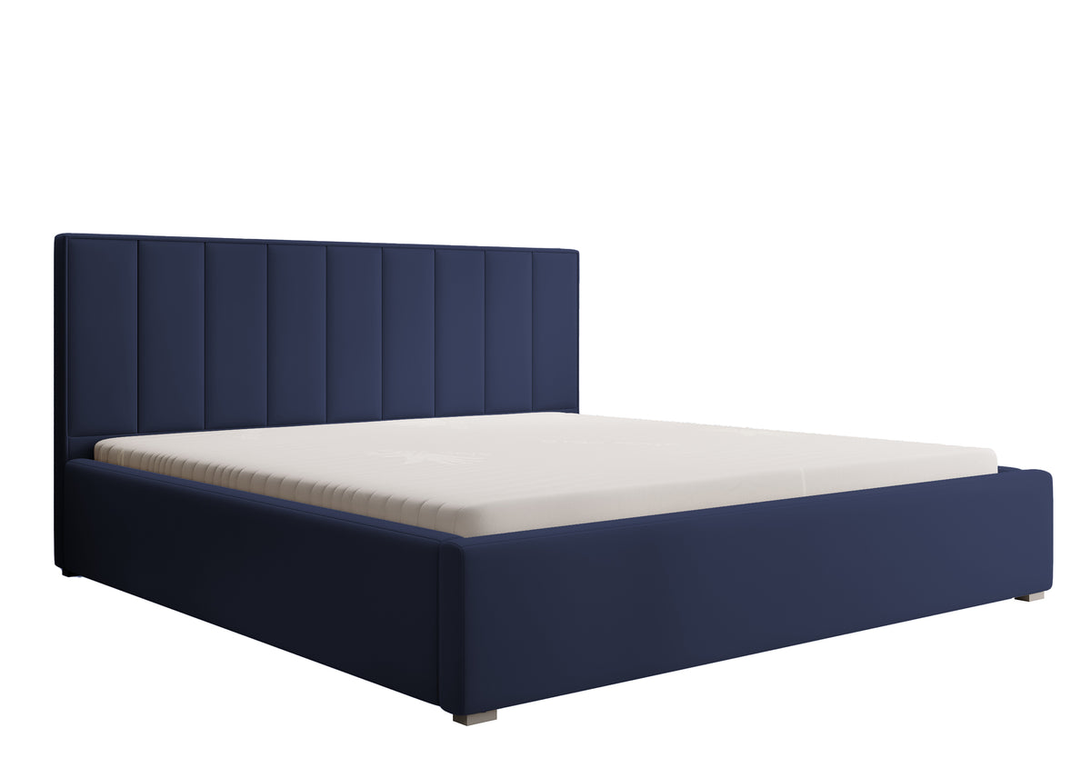 Lit tapissé 200x200 cm Rinus avec rangement, bleu marine en tissu hydrofuge