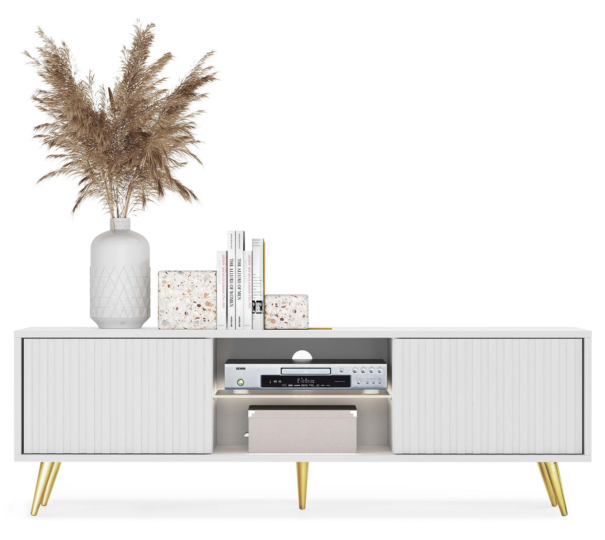 Meuble TV Bello 135 cm blanc avec portes à lamelles et pieds dorés