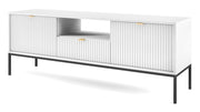 Meuble TV Vellore 154 cm blanc avec façades rainurées et poignées dorées