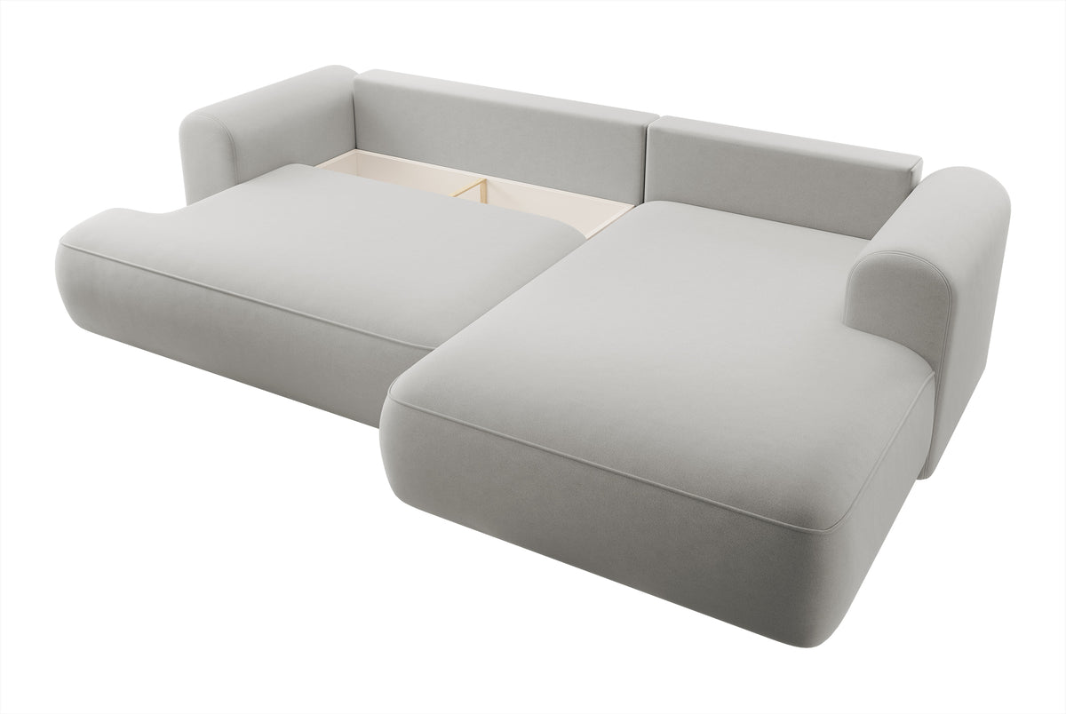 Ecksofa mit Schlafunktion Ovo, L-förmig, grau, Samt, mit Stauraum, aus pflegeleichtem Stoff, rechtsseitig