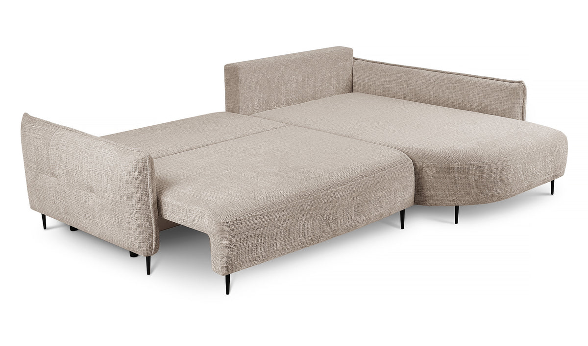 Canapé d'angle Oblivio avec fonction couchage, forme en L, rangement, tissu chenille beige clair, côté droit
