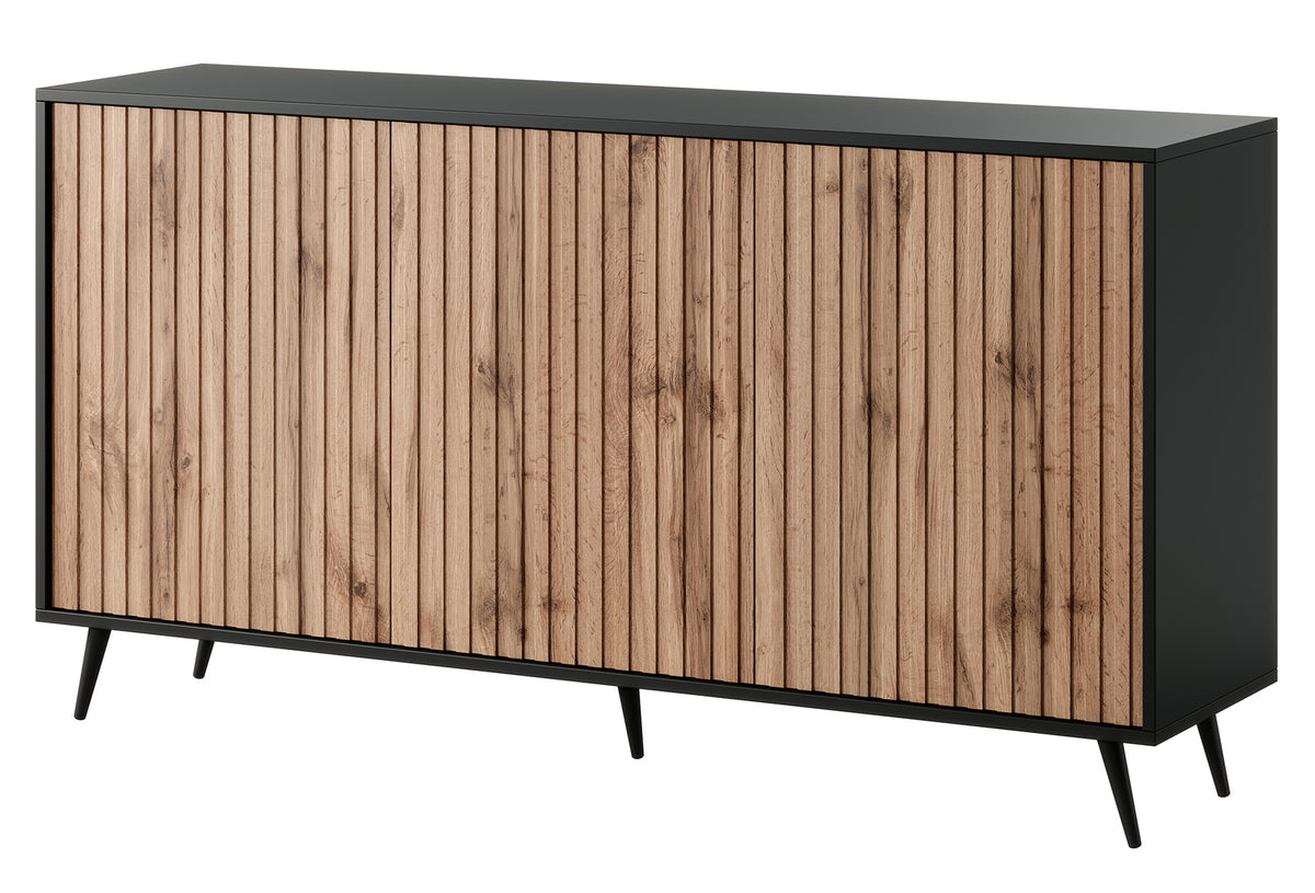 Commode Bello avec façades à lames 154 cm noire/chêne Wotan