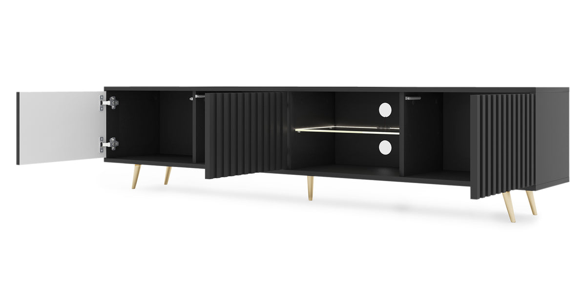 Meuble TV Bello avec façades à lamelles 175 cm noir avec LED et pieds dorés