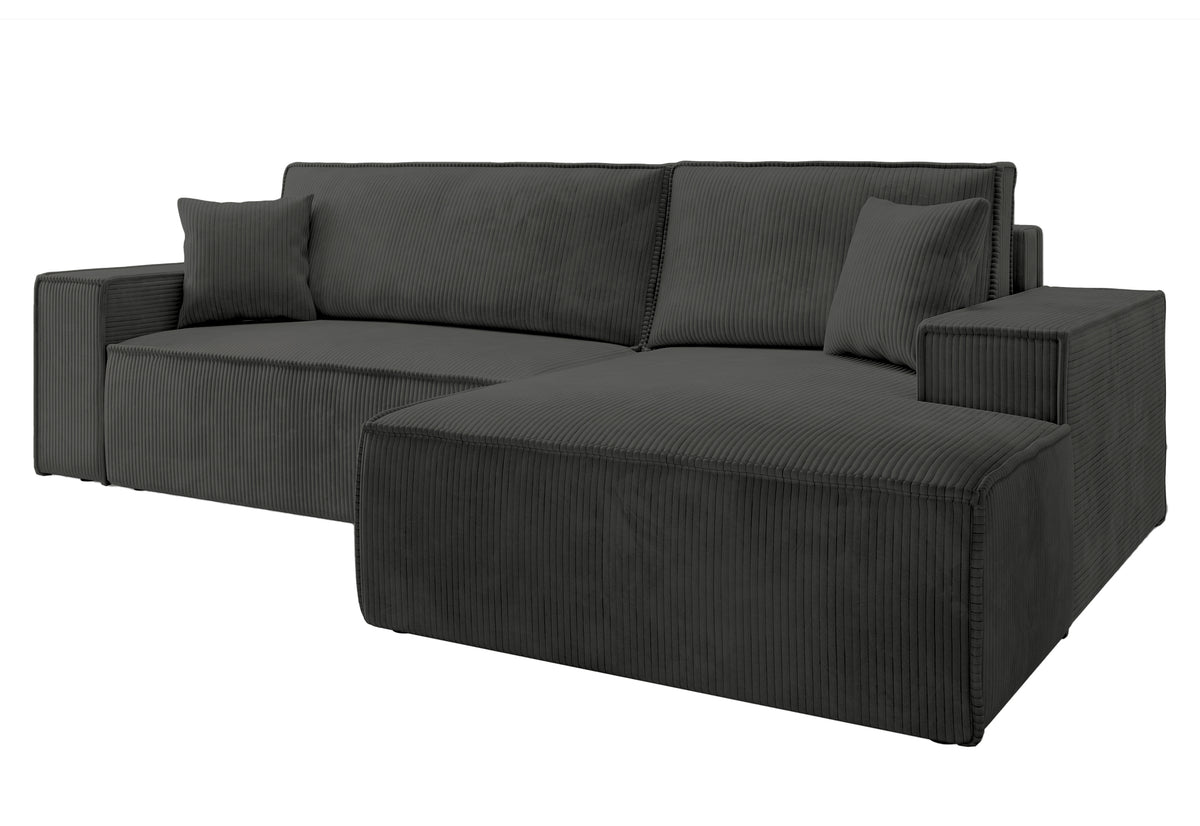 Ecksofa mit Schlafunktion Farese New L-förmig mit Stauraum, dunkelgrauer Cord, rechtsseitig