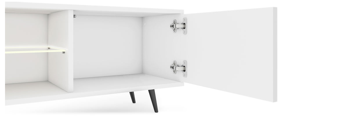 Meuble TV Bello avec façades à lamelles 175 cm blanc avec LED et pieds noirs