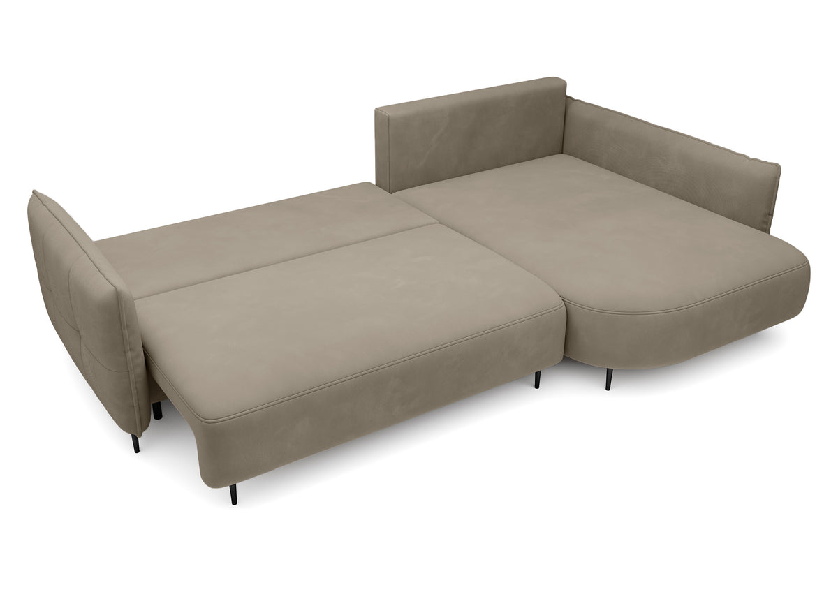 Canapé d'angle Oblivio avec fonction couchage, en L, avec coffre de rangement, velours hydrofuge couleur brun clair, côté droit