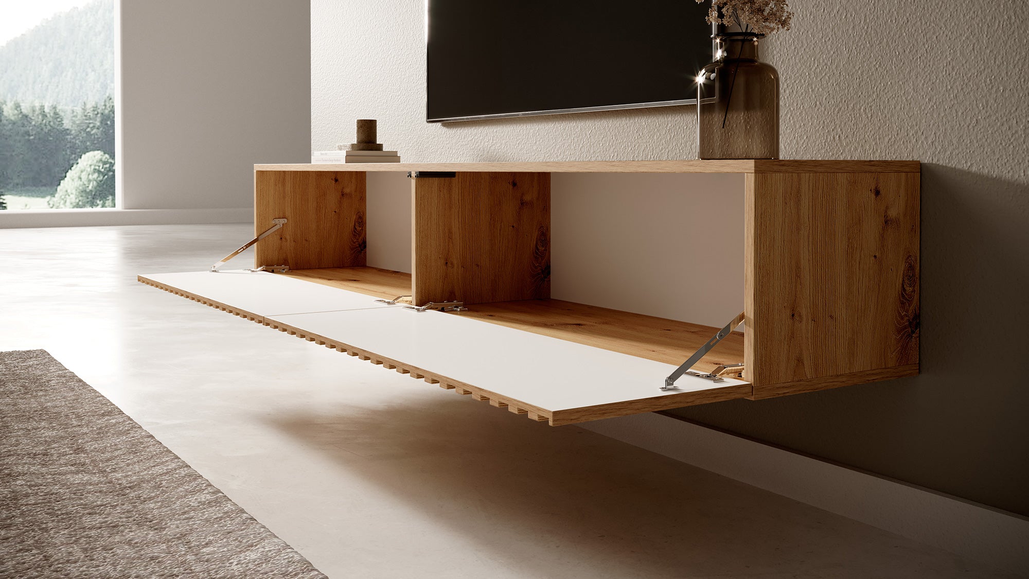 Meuble TV Telire 175 cm chêne Artisan lattes avec inserts noirs