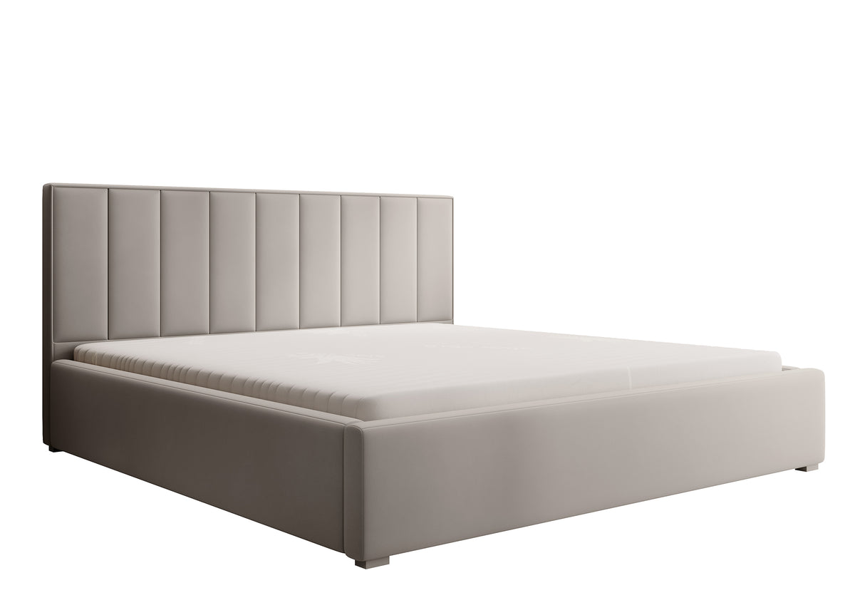 Lit tapissé 200x200 cm Rinus avec rangement gris beige en tissu hydrofuge