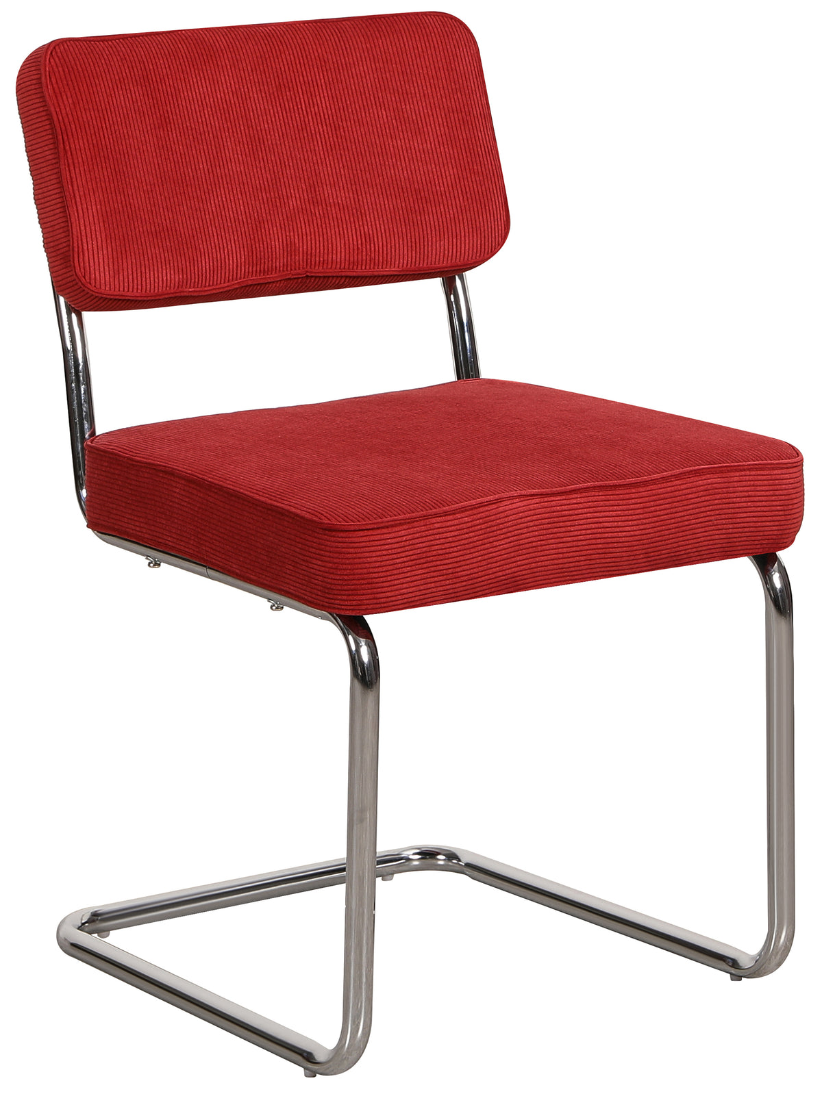 Chaise tapissée Dessaus velours côtelé rouge foncé sur base chromée