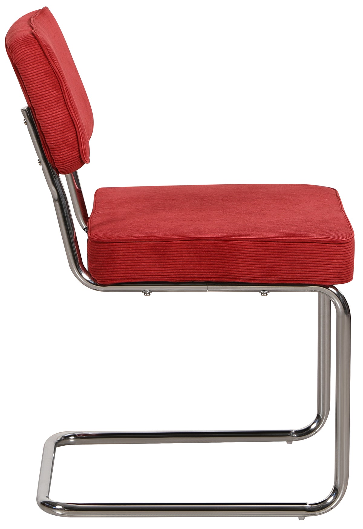 Chaise tapissée Dessaus velours côtelé rouge foncé sur base chromée