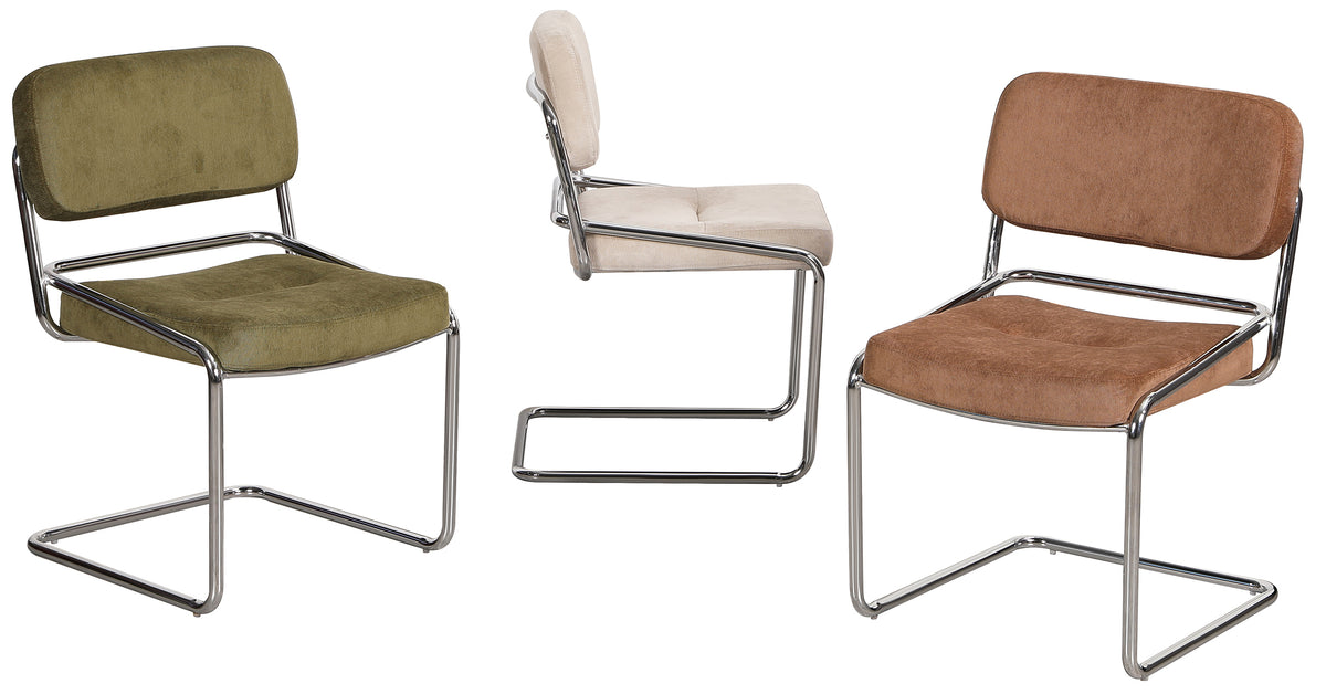 Chaise rembourrée Vamp en velours côtelé olive sur base chromée