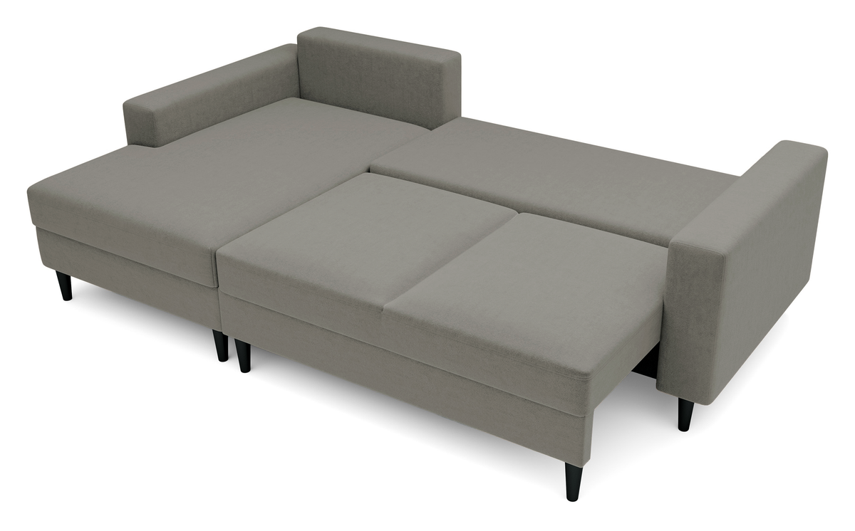 Canapé d'angle avec fonction couchage Nalika en L, avec rangement, velours hydrofuge beige foncé, côté gauche