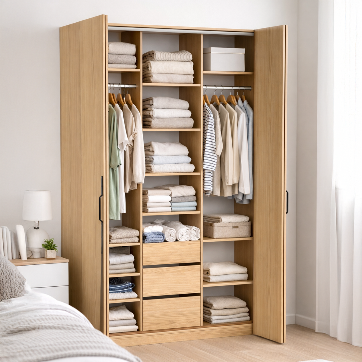 Armoire deux portes Bari avec trois tiroirs 200 cm chêne bookmatch