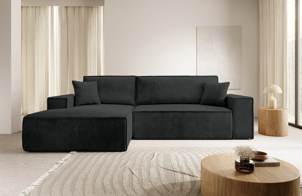 Ecksofa mit Schlaffunktion Farese New, L-förmig, mit Stauraum, schwarzer Cord, linksseitig