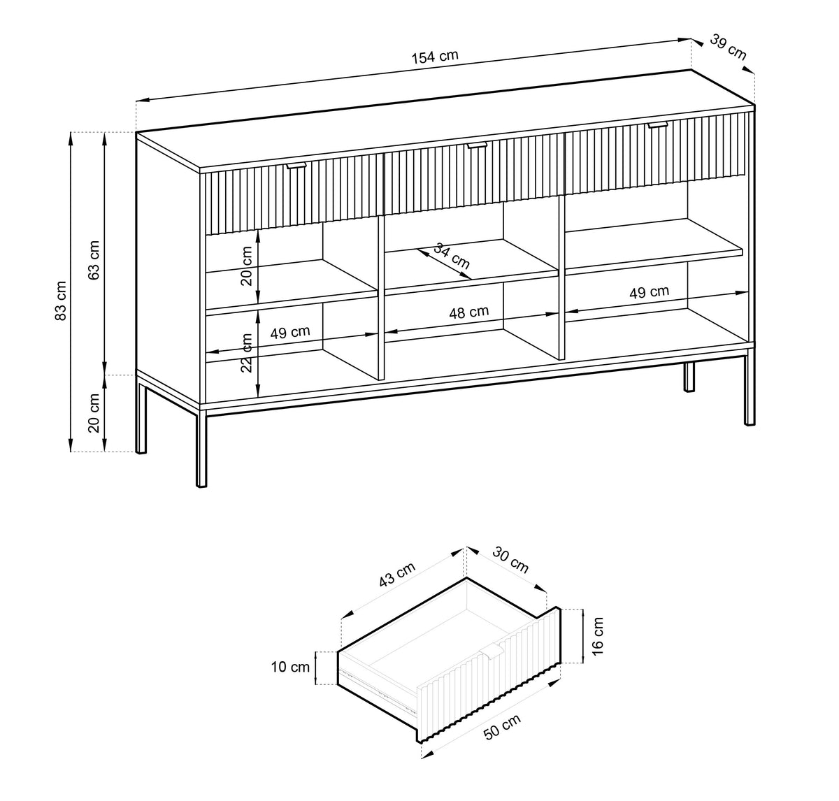 Commode trois portes Vellore 154 cm blanche avec façades rainurées et poignées dorées