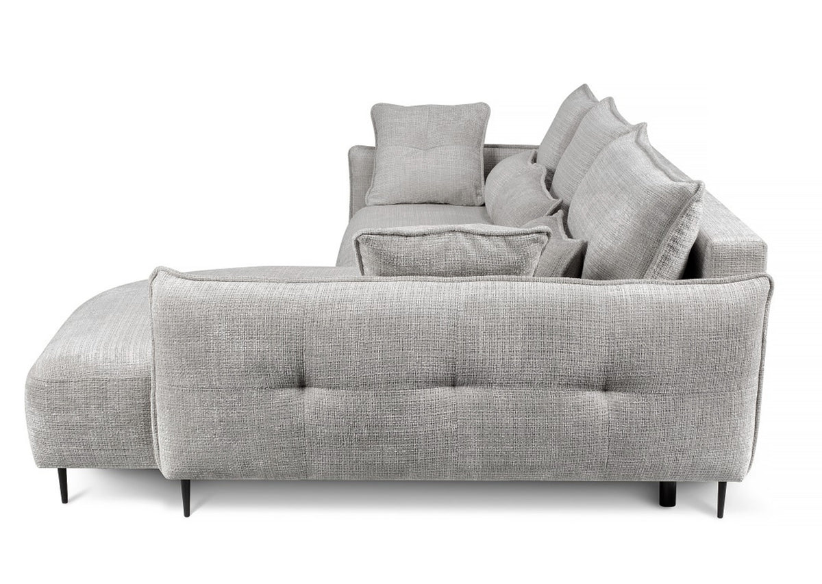 Canapé d'angle Oblivio gris en tissu chenille avec fonction couchage et coffre de rangement, version droite