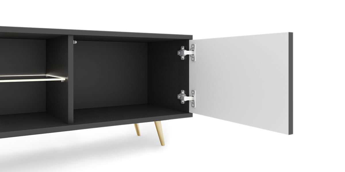 Meuble TV Bello avec façades à lamelles 175 cm noir avec LED et pieds dorés