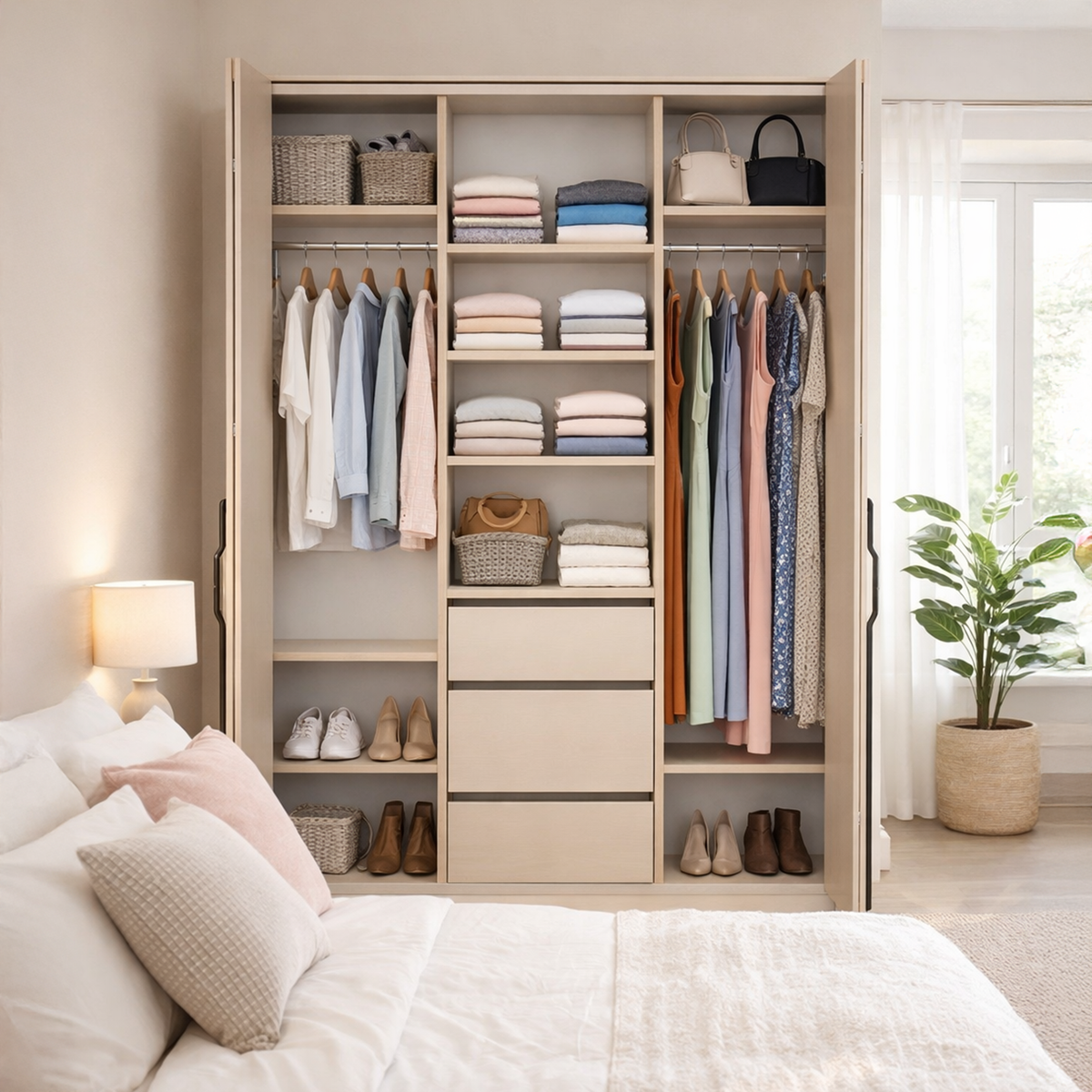 Zweiflügeliger Schrank Bari mit drei Schubladen, 200 cm, Kaschmirfarben