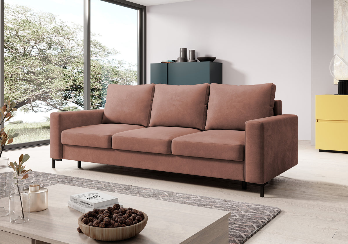Canapé convertible 3 places Mokpeo avec rangement, velours rose facile à nettoyer