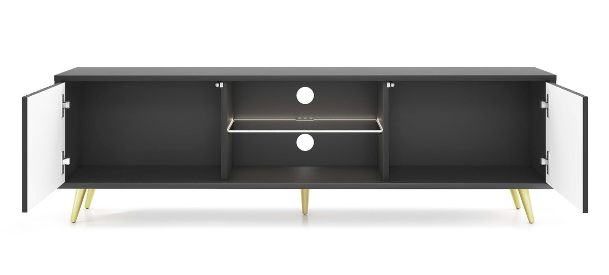 Meuble TV Bello avec façades lamellées 135 cm noir avec pieds dorés