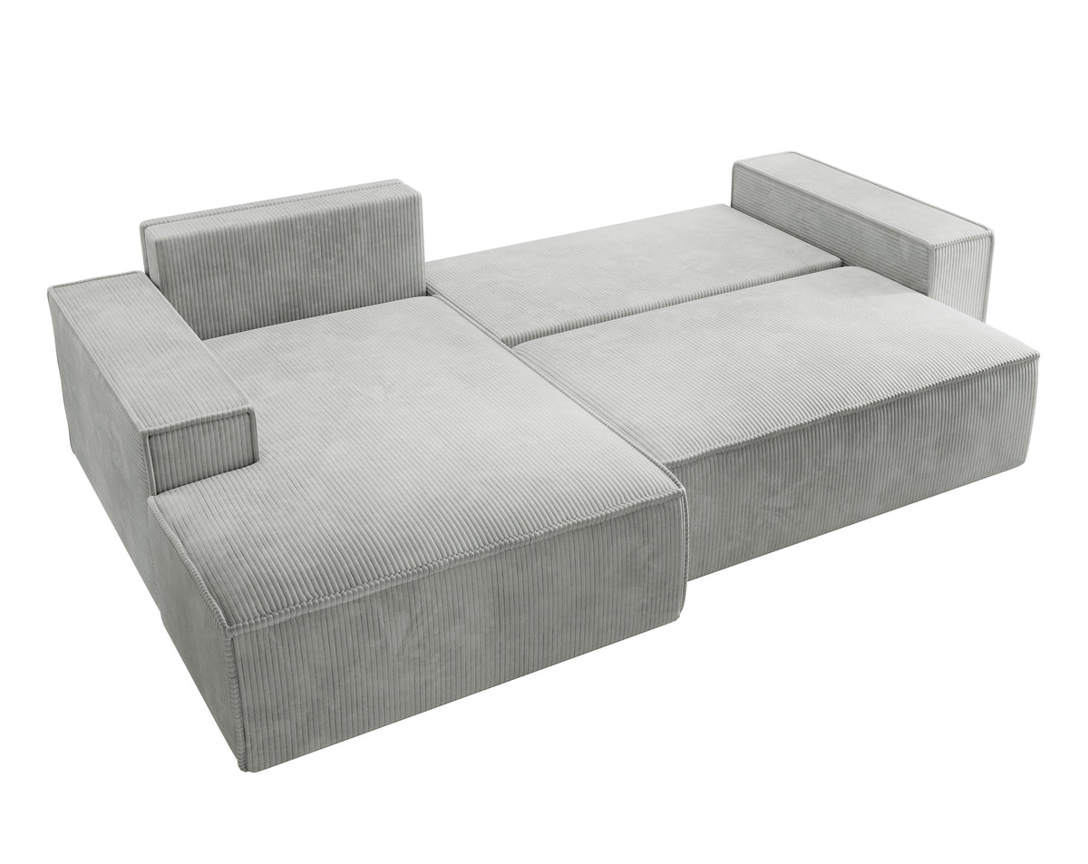 Canapé d'angle avec fonction couchage Farese New en L, avec rangement, velours côtelé gris clair, côté gauche