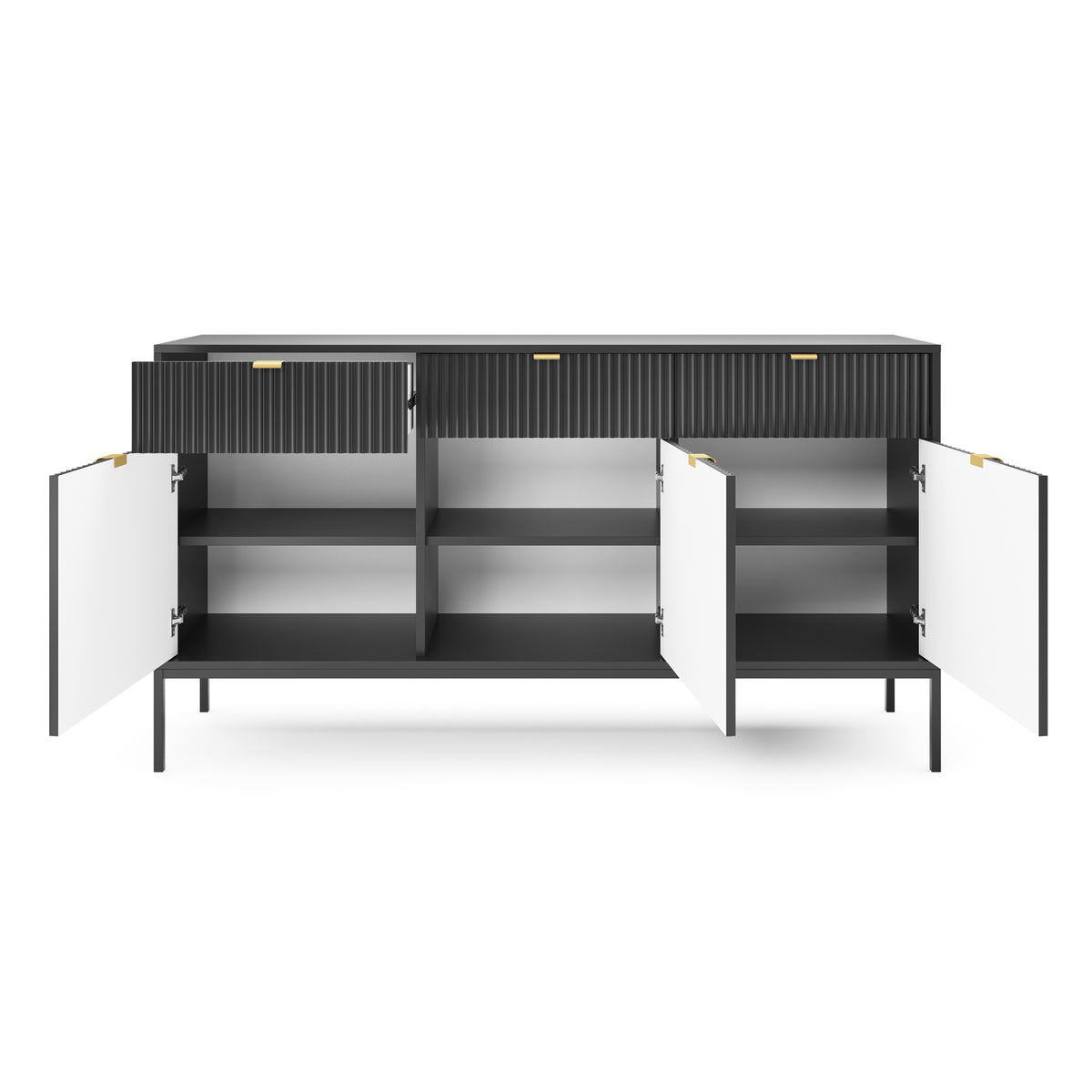 Commode 3 portes Vellore 154 cm noire avec façades rainurées et poignées dorées
