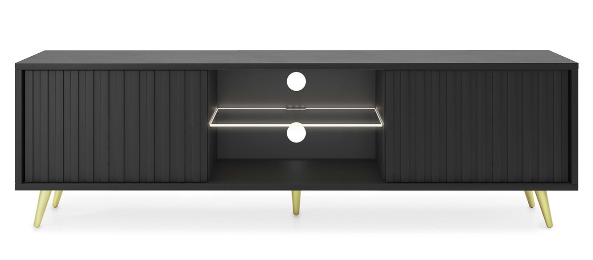 Meuble TV Bello avec façades lamellées 135 cm noir avec pieds dorés