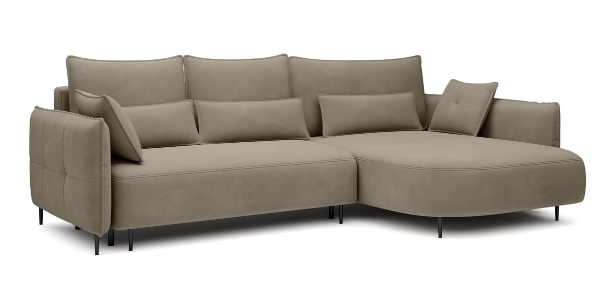 Ecksofa Oblivio mit Schlaffunktion, L-förmig, mit Stauraum, hellbraunes Samt, rechtsseitig, wasserabweisend