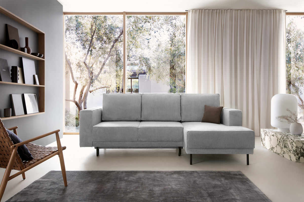 Canapé d'angle avec fonction couchage Rodario mini en L, avec rangement, velours côtelé gris clair, orientation droite