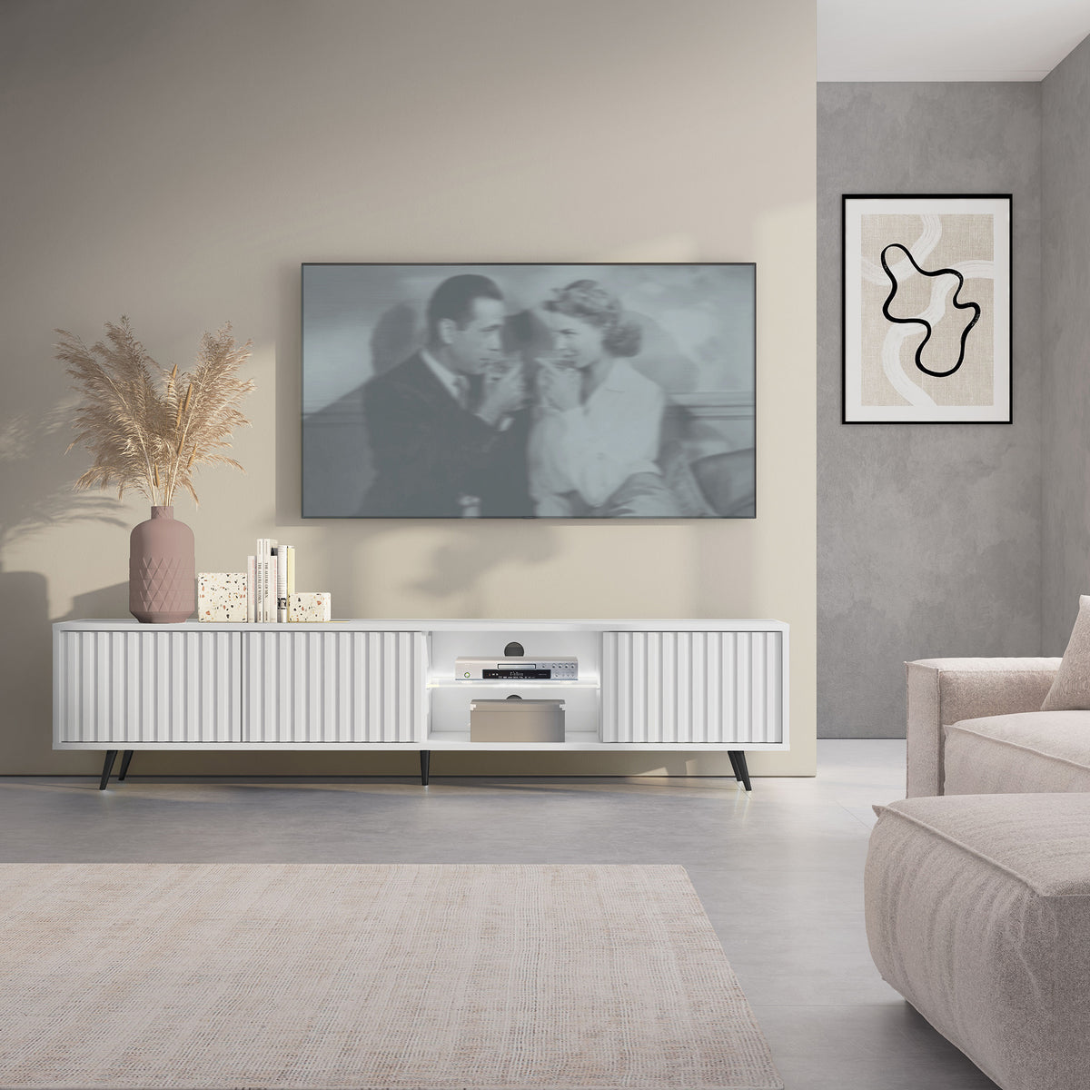 Meuble TV Bello avec façades à lamelles 175 cm blanc avec LED et pieds noirs