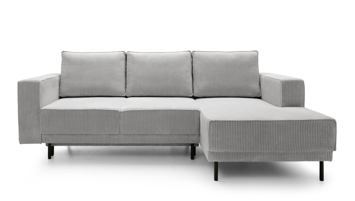 Canapé d'angle avec fonction couchage Rodario mini en L, avec rangement, velours côtelé gris clair, orientation droite