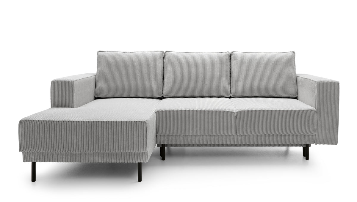 Canapé d'angle convertible Rodario mini en L avec coffre, velours côtelé gris clair, côté gauche