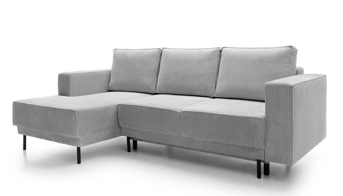 Canapé d'angle convertible Rodario mini en L avec coffre, velours côtelé gris clair, côté gauche