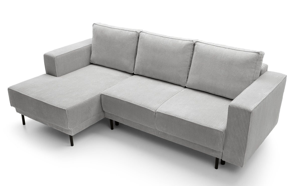 Canapé d'angle convertible Rodario mini en L avec coffre, velours côtelé gris clair, côté gauche