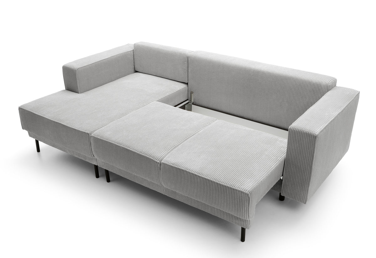 Canapé d'angle convertible Rodario mini en L avec coffre, velours côtelé gris clair, côté gauche