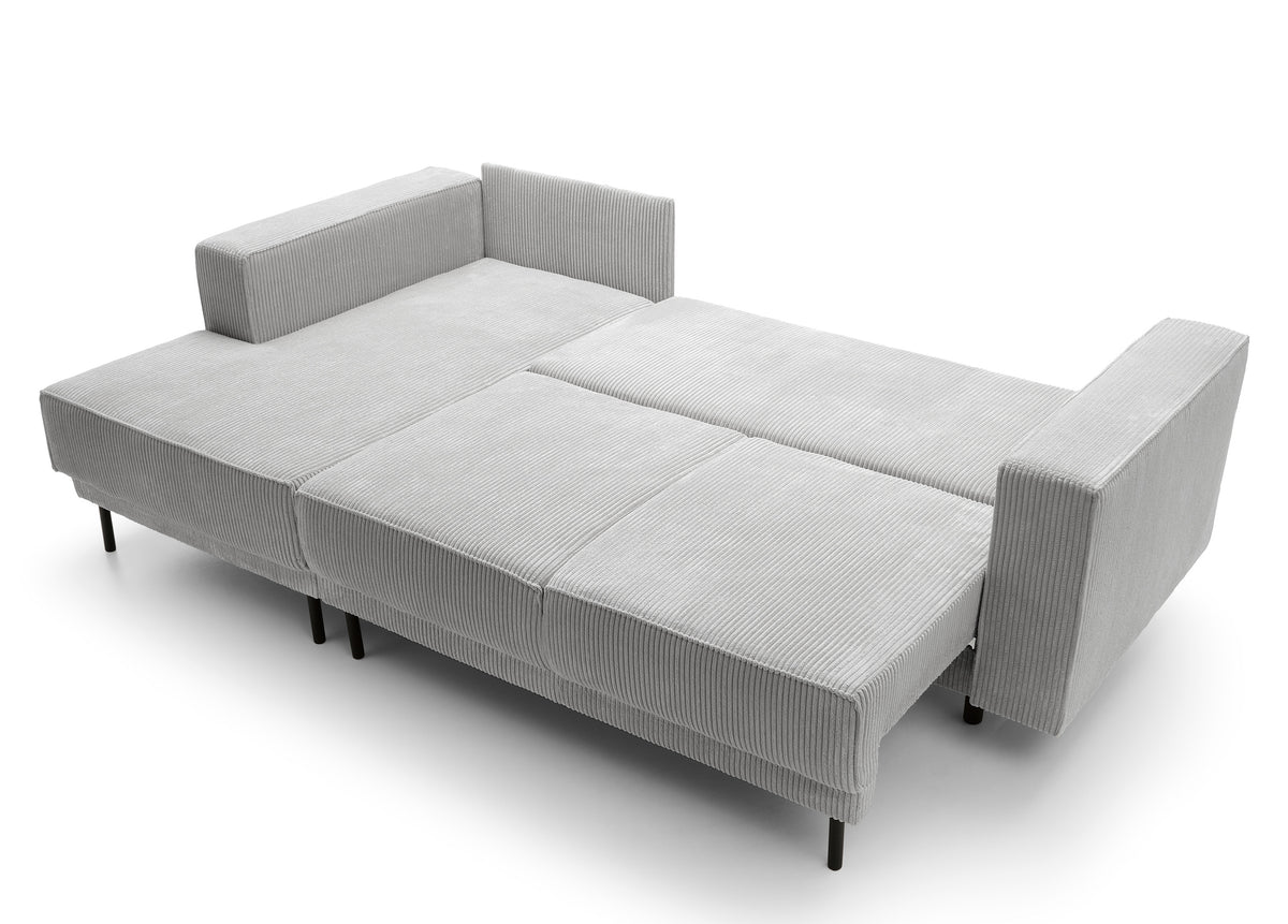 Canapé d'angle convertible Rodario mini en L avec coffre, velours côtelé gris clair, côté gauche