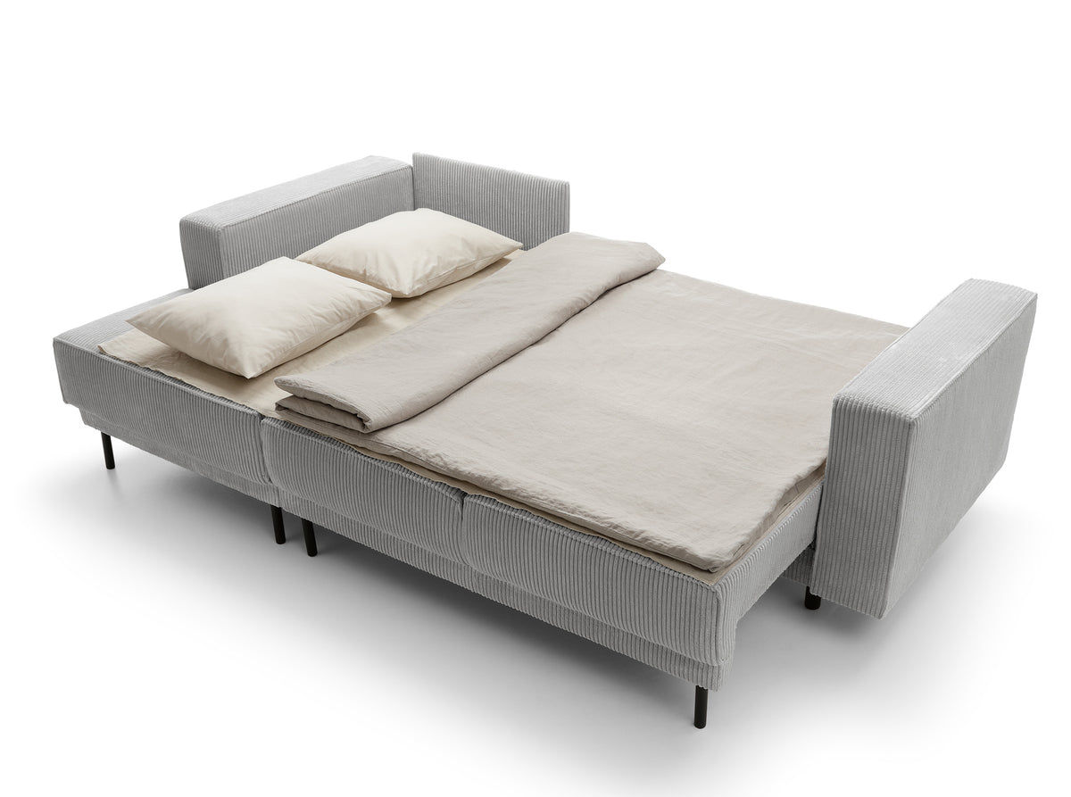 Canapé d'angle convertible Rodario mini en L avec coffre, velours côtelé gris clair, côté gauche