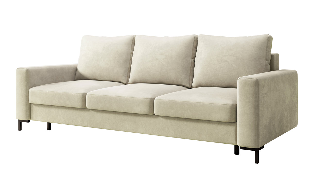 Dreisitziges ausklappbares Sofa Mokpeo mit Stauraum, beige, pflegeleichter Samtstoff