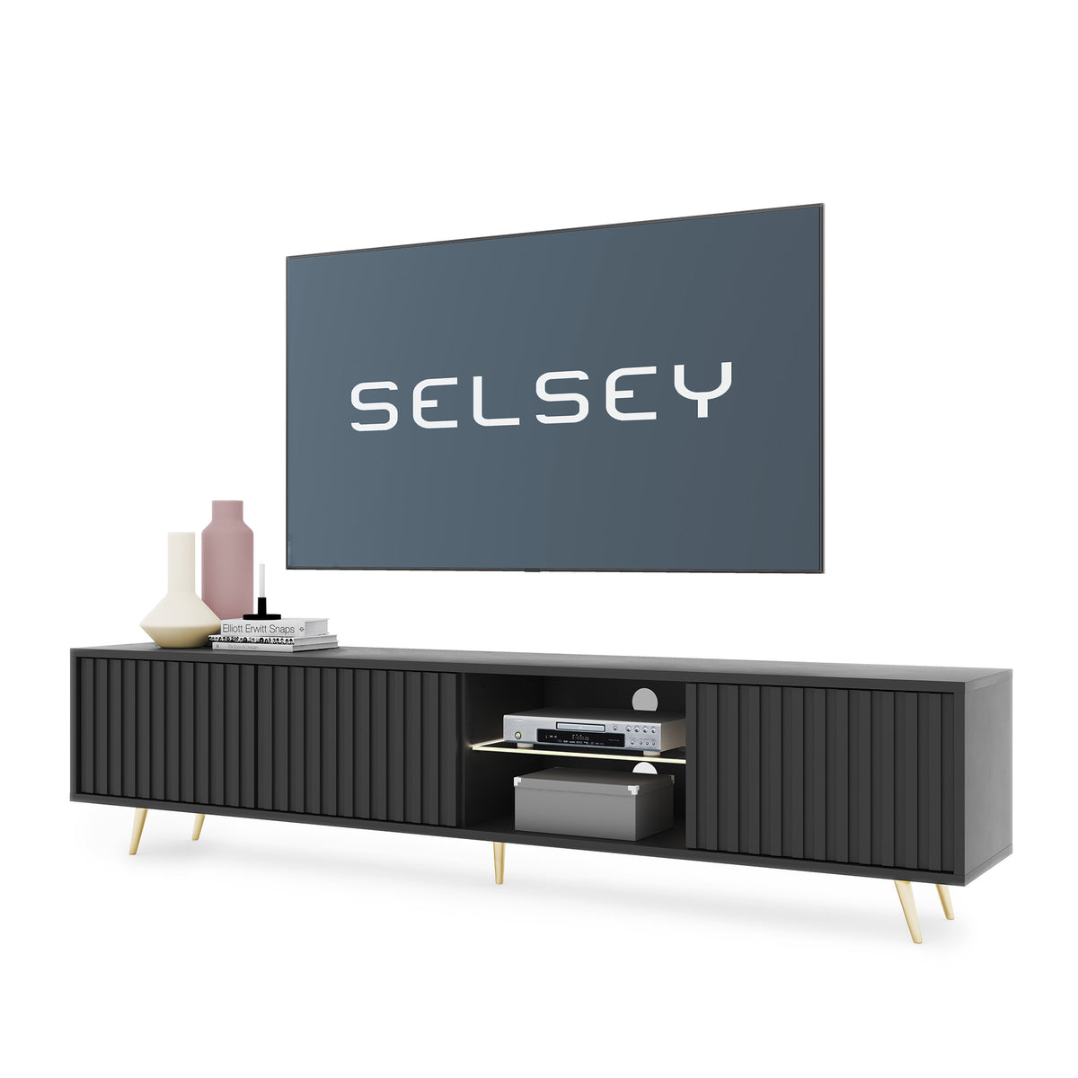 Meuble TV Bello avec façades à lamelles 175 cm noir avec LED et pieds dorés