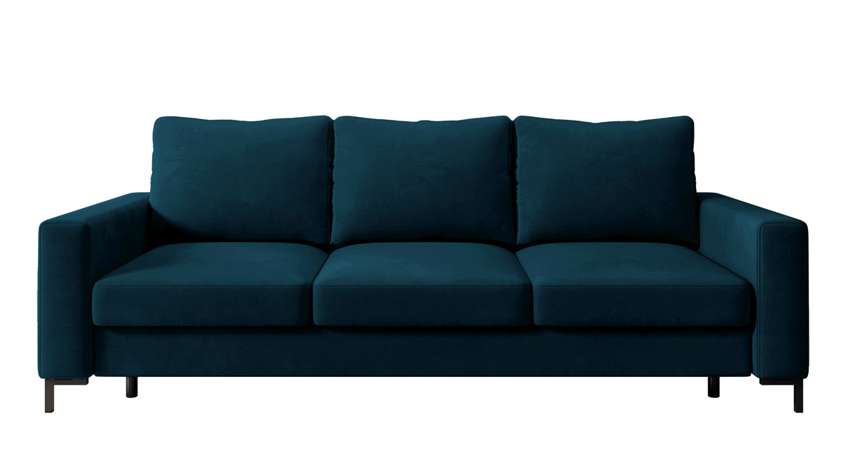 Dreisitziges ausklappbares Sofa Mokpeo mit Stauraum, dunkelblauer Samtvelours